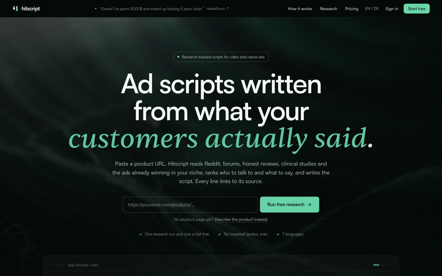 Startseite der Web-App Hitscript